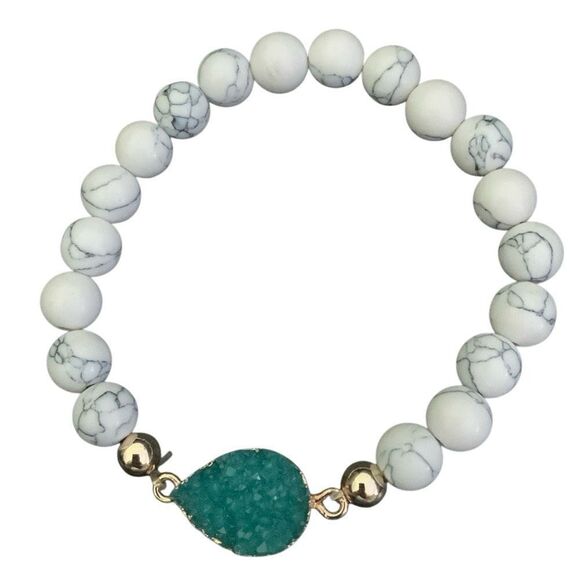 Teal Blue Stone Bracelet - Faux Drusy Druzy Quartz, Howlite Beads- Stretch NEW - Picture 1 of 10